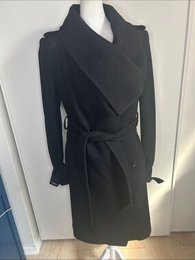 BCBGMAXAZRIA "Carlin" Black Wool-Blend Draped Wrap Trench Coat